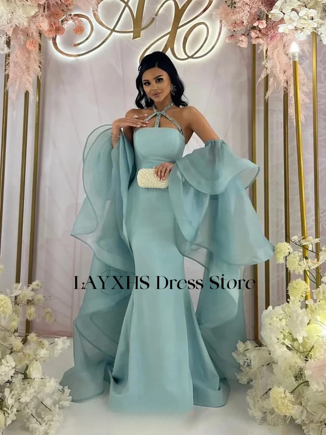 LAYXHS Abiti da sera alla moda con scollo all'americana Sirena con perline Manica rimovibile con volant Abiti da ballo lunghi fino al pavimento Personalizzati