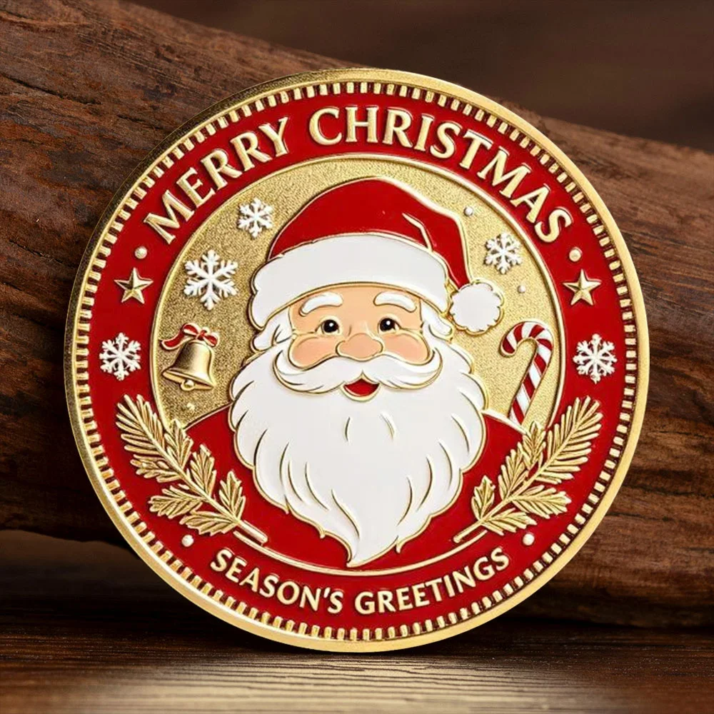 Christmas-themed Silvery Plated Souvenir Coin UV Color Printing of Santa Claus and Christmas Tree Festive Gift for Collection