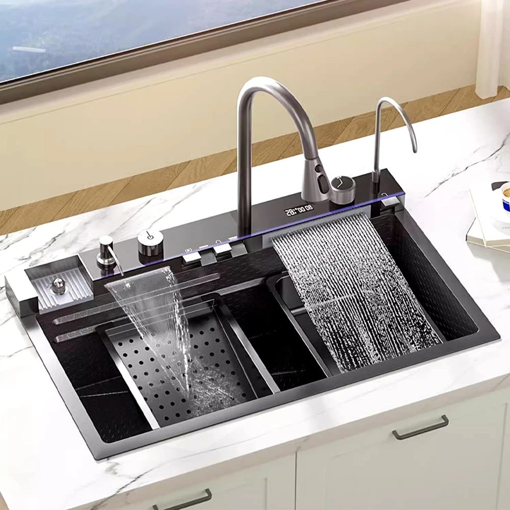 

Modern Popular Large Multifunction Single Sink Waterfall Smart Kitchen Sink Black Nano Honeycomb Stainless Steel Kitchen Sink