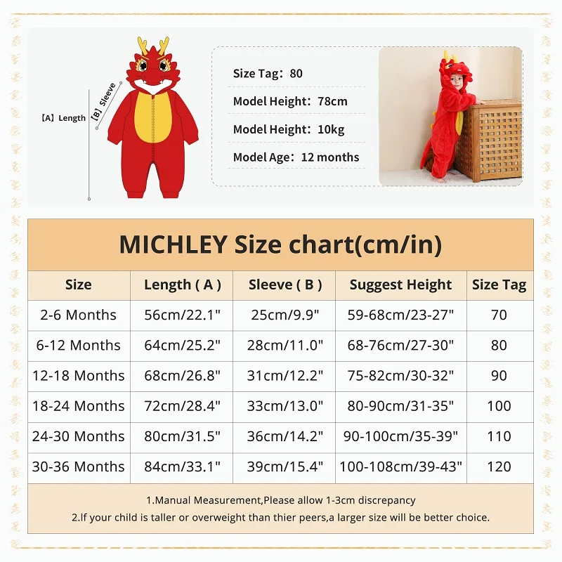 MICHLEY NEW Halloween Red Dragon Baby Rompers Winter Costume Clothes Cartoon Jumpsuit Bodysuits Overall For Girl Boy Bebe 2-36M