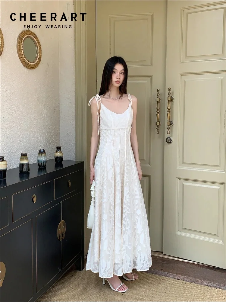 

CHEERART White Long Luxury Dresses Women 2024 Summer A Line V Neck Midi Slip Dress Evening Party Clothes