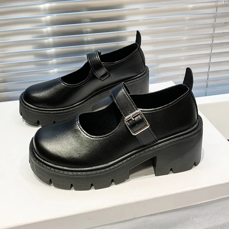 Thick-soled Small Leather Shoes for Women's Spring 2025 New Retro Round Head One-word Buckle Single Shoes