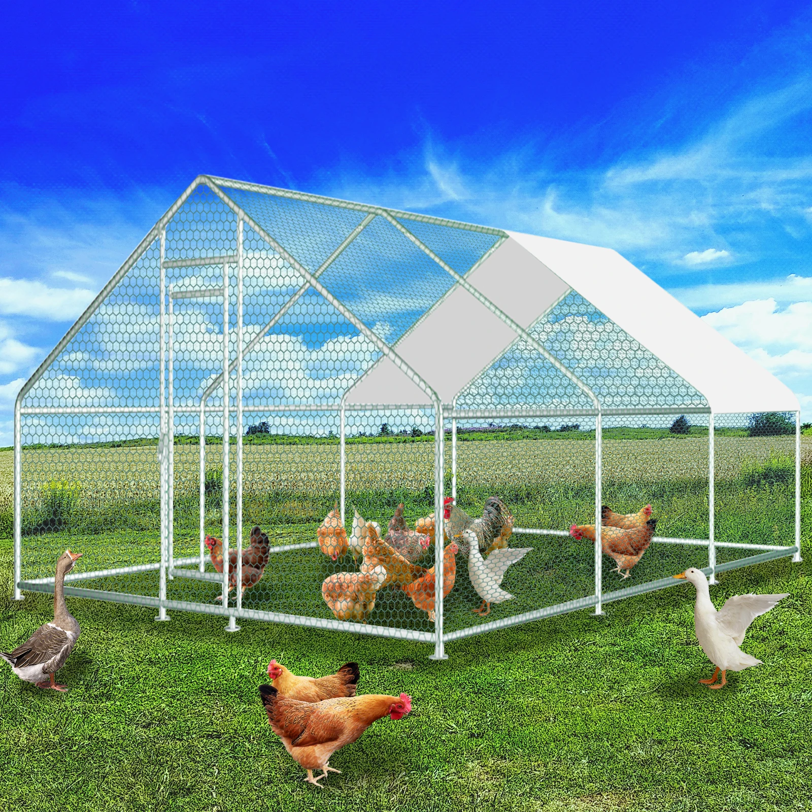 20FT X13FT 4M X6M Large Metal Chicken Coop Run Heavy Duty Chicken Pen with Roof Outdoor Poultry Cage for Hens Ducks Farm Backyard