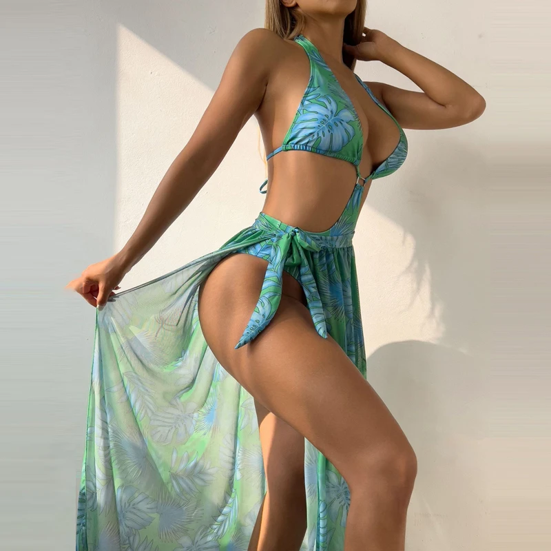 Hot Woman Leaves Print Bikinis Skirt Two Piece Set Women Split Beach Front Knot Cover Skirts Swimsuit High Waist Beachwear 2025