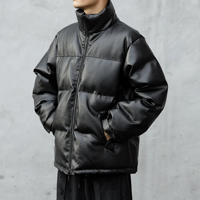 Men's down Cotton Jacket Stand Collar Winter Coat Thickened Short Bread Style Korean Fashion Loose Cotton Padded PU Leather