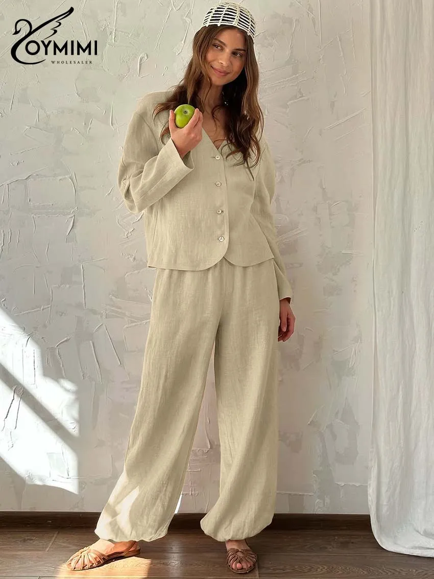 Oymimi 캐주얼 카키 코튼 투피스 세트 여성 패션 브이넥 긴 소매 버튼 셔츠와 심플한 포켓 스트레이트 바지 세트