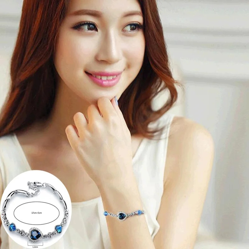 Hottest Womens Ladies Crystal Rhinestone Bangle Ocean Blue Bracelet Chain Heart Jewelry Party Gifts Peach Heart Bracelet