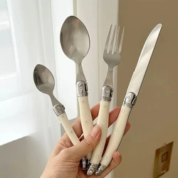 Jaswehome 6/24pcs Laguiole Table Flatware Set Off-white Steak Knives Forks Spoons Set Pretty Stainless Steel Dinner Cutlery