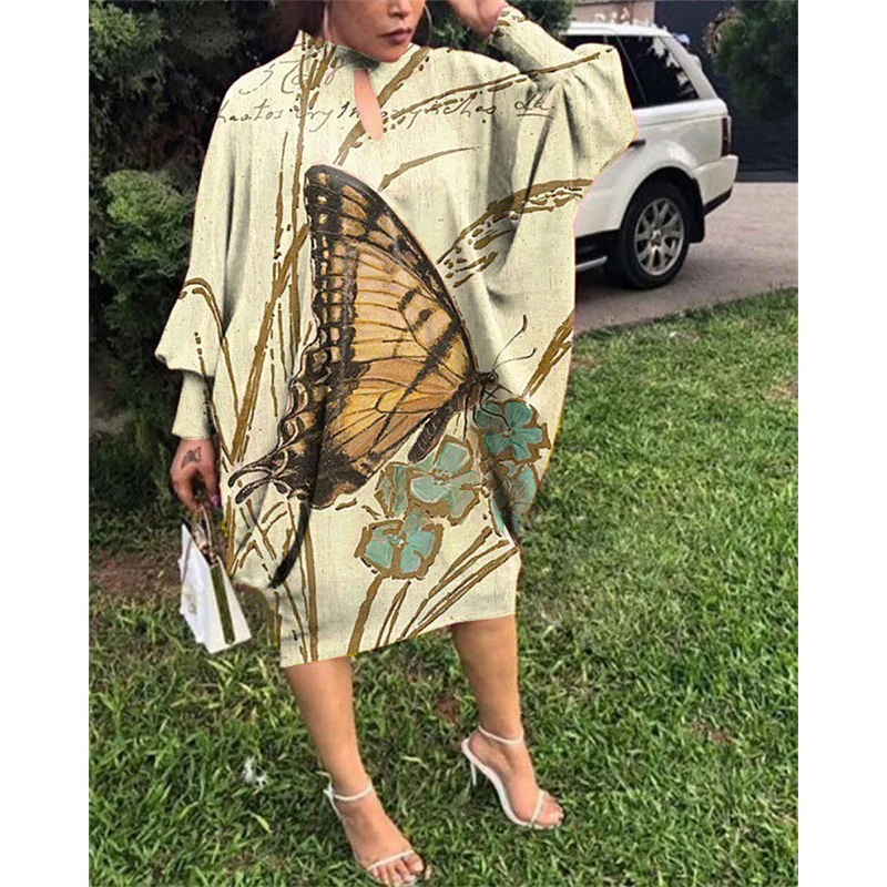 Spring Autumn Fashion Trend Plus Size Dress Women Simple Print Loose Oversized Bat Sleeve Vestidos De Fiesta Sexy Lady Clothes