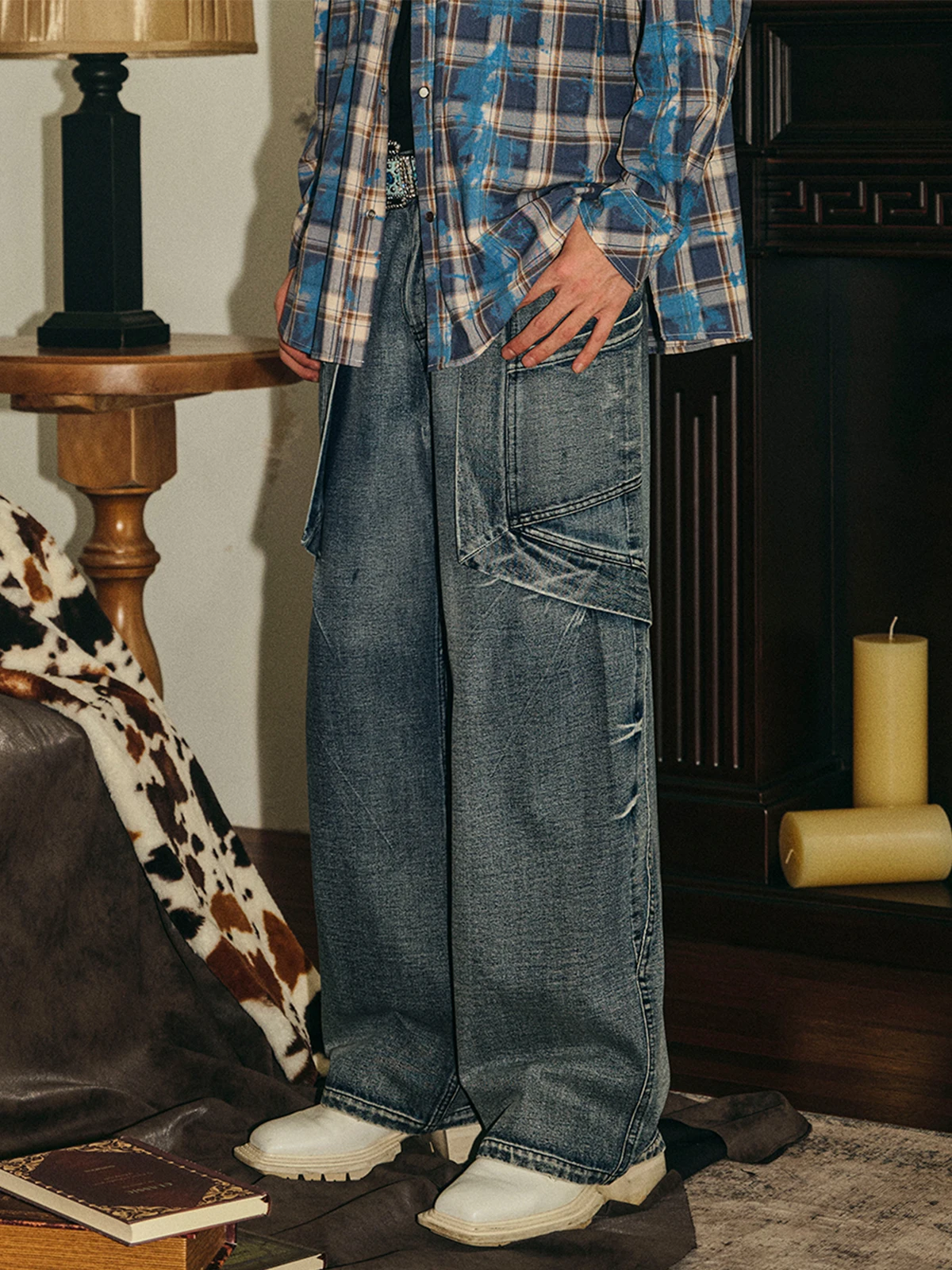 

PASET American Retro Waed ket Jeans Men's Street Sle Loose Wide Leg Long Trousers Casual Straight Cut Loose Fit Jeans