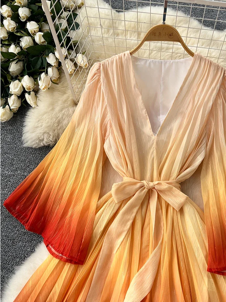 French Luxury Party Dress for Women's High End Vintage Elegant Ruffle Edge Gradually Changing Color Holiday Mini Dress A78