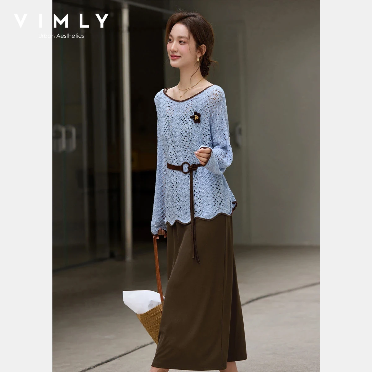 

VIMLY Women's Color Block Knit Dress Set 2026 Spring New Fashion Hollow Out Applique Top Camisole Dress Casual Two-Piece 30683