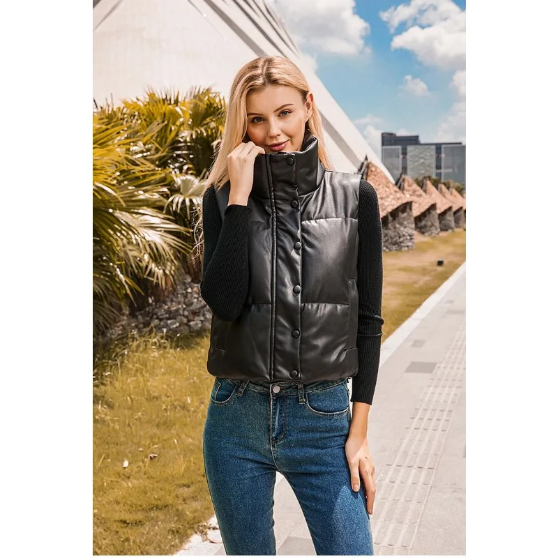 PU Leather Cotton Vest Single Breasted Solid Color Cardigan Stand Collar Cotton Hooded Vest
