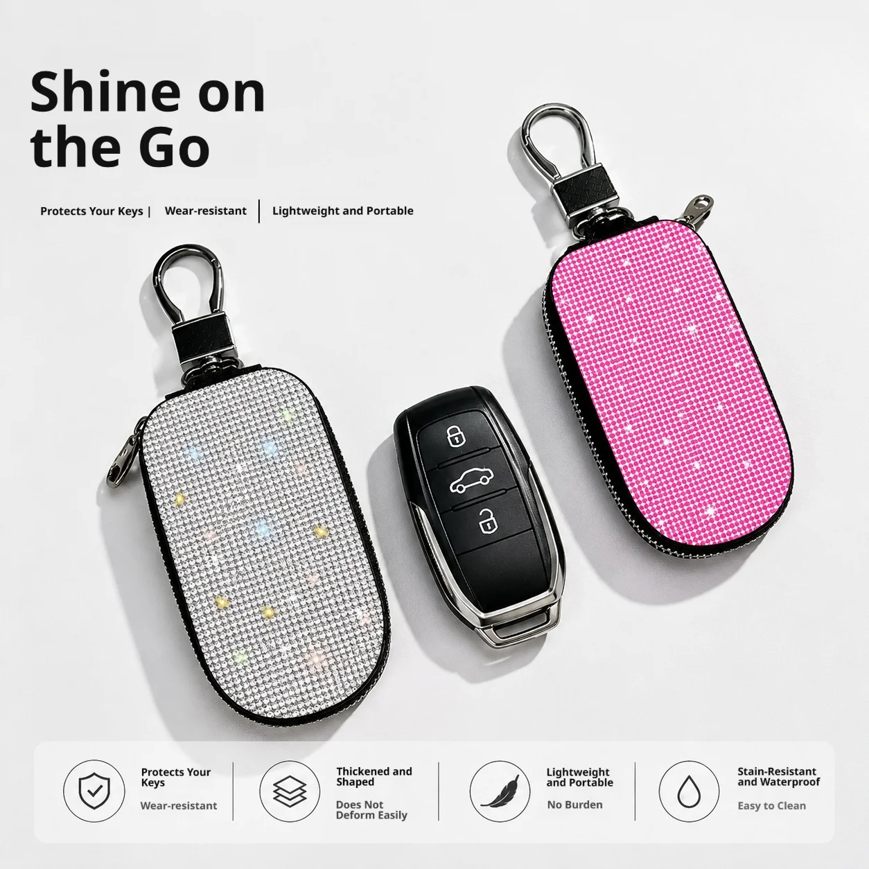 Bling Rhinestone Car Key Case PU Leather Zipper Key Holder Portable Auto Remote Ke, Christmas Halloween Holiday Bling Car Key Pr