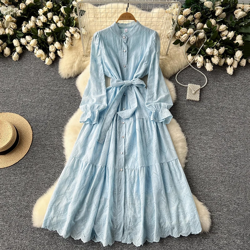 EWQ Fashion Party Long Dress Women Embroidered Lantern Sleeves Belt Gathered Waist A-line Dresses 2024 New Clothing 27C698