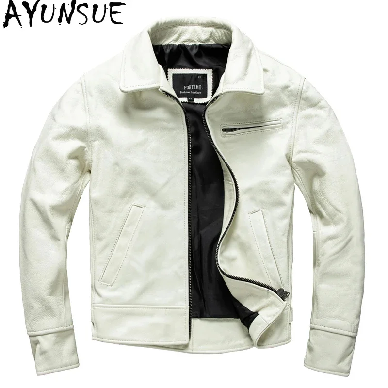 AYUNSUE Autumn Genuine Leather Jackets for Men Clothing Cowhide Short Coats White Motorcycle Jacket Натуральная Кожа Куртка