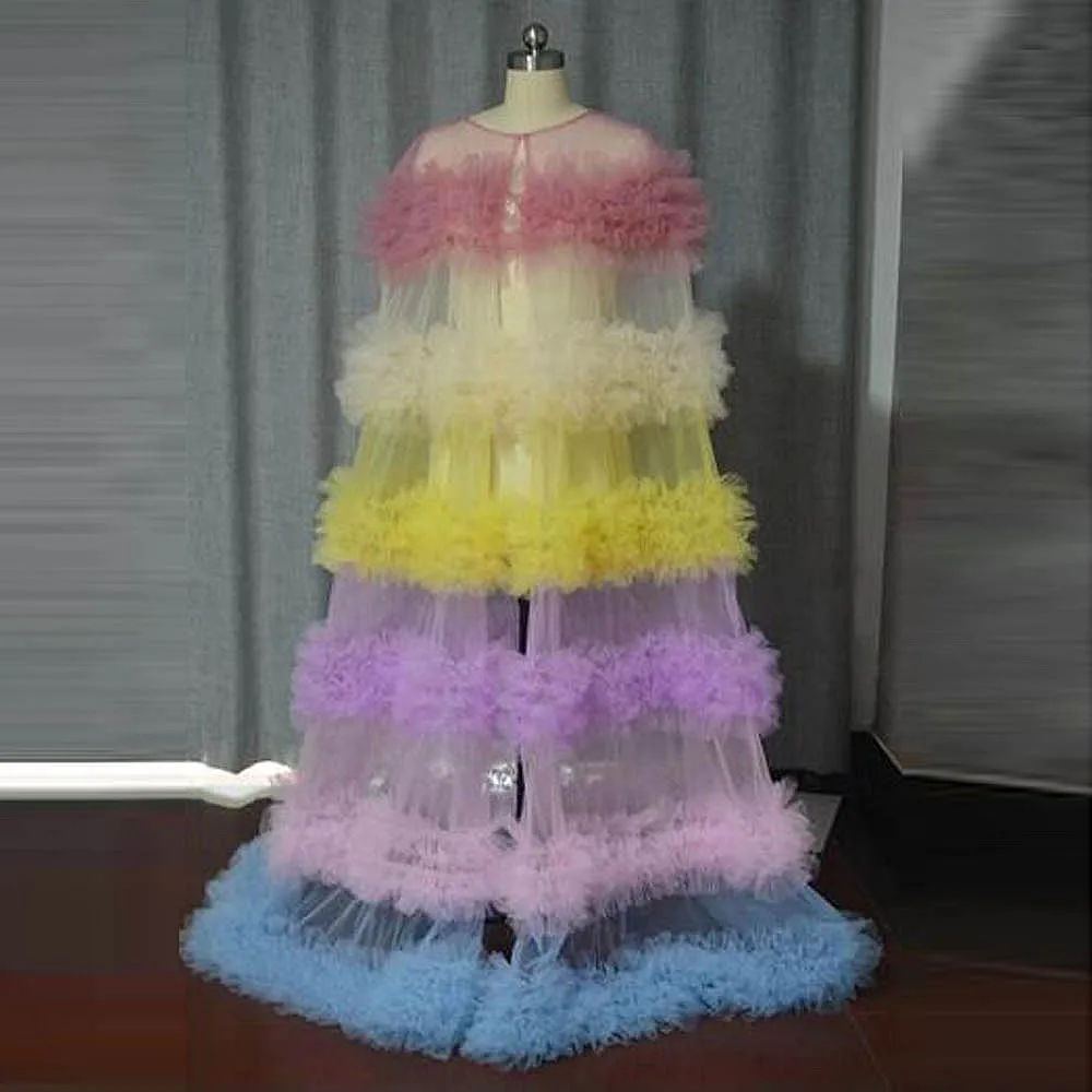 Rainbow Layered Tulle Cape Dress Multi-colors Tiered Mesh Birthday Party Dress Colorful Tutu Wrap