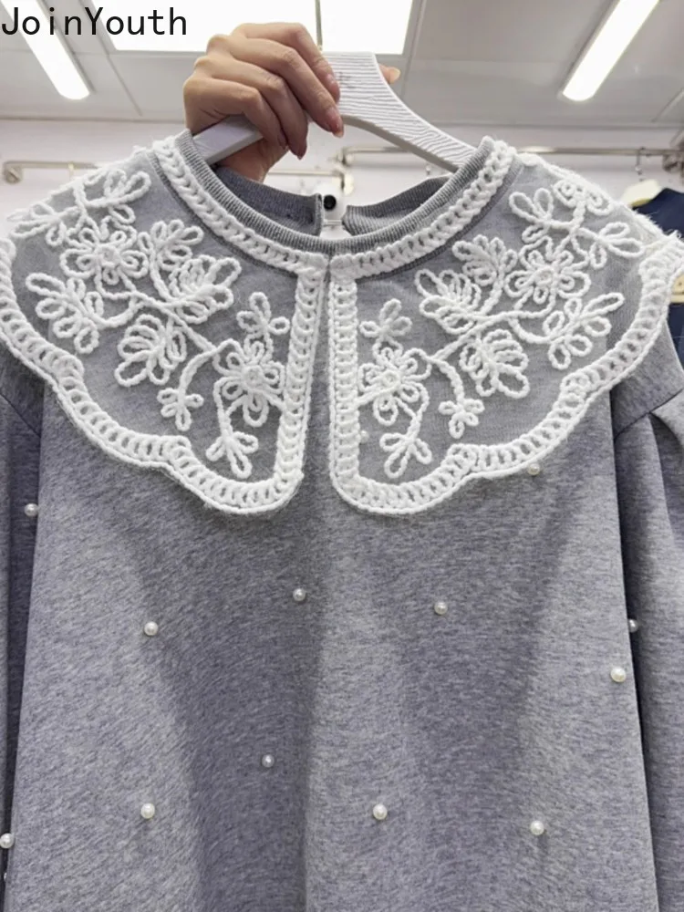 2024 Women Clothing Patchwork Lace Peter Pan Collar Sweatshirts Ropa Mujer Beading Fashion Sweet Hoodies Loose Y2k Tops 63a854