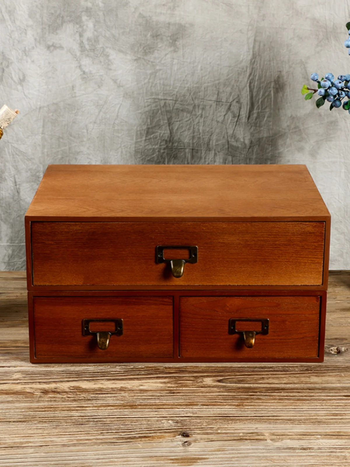 レトロな和風木製デスクトップ収納ボックス-引き出し付き-ジュエリーオーガナイザー-エレガントな木製ボックス-デスクトップ用化粧品収納