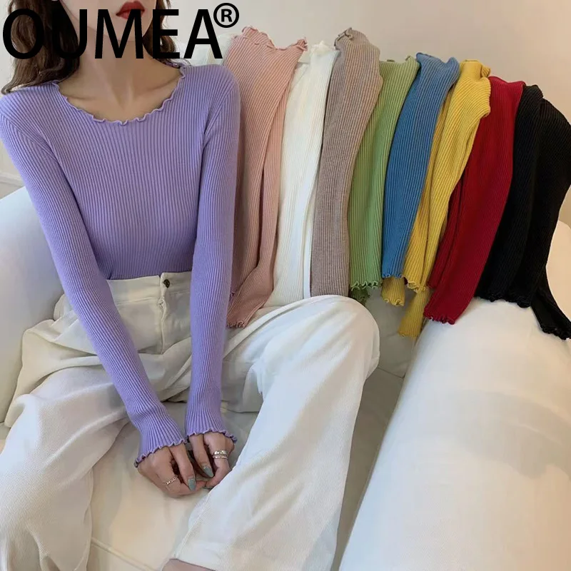 OUMEA Women Lettuce Edge Shirts Long Sleeve Casual Going Out Knitting Tees Skinny Round Neck Cute Tees