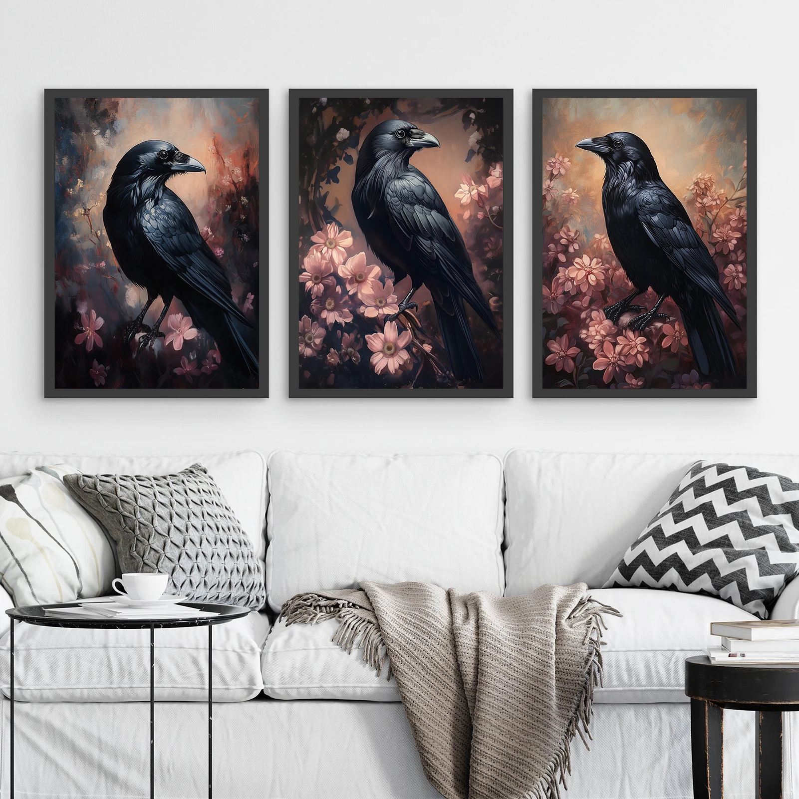 Black Crow With Flowers Raven Art Poster Print Dark Academia Gothic Victorian Crow Spooky Halloween Canvas Wall Art Room Decor