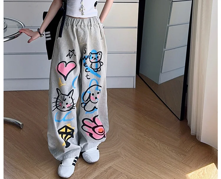 American Girl Baggy Washed Jeans Kinder Retro Harajuku Cartoon Print Denimhose Kinder Hip Hop Streetwear Hose mit Zeichnungen – Detail 8