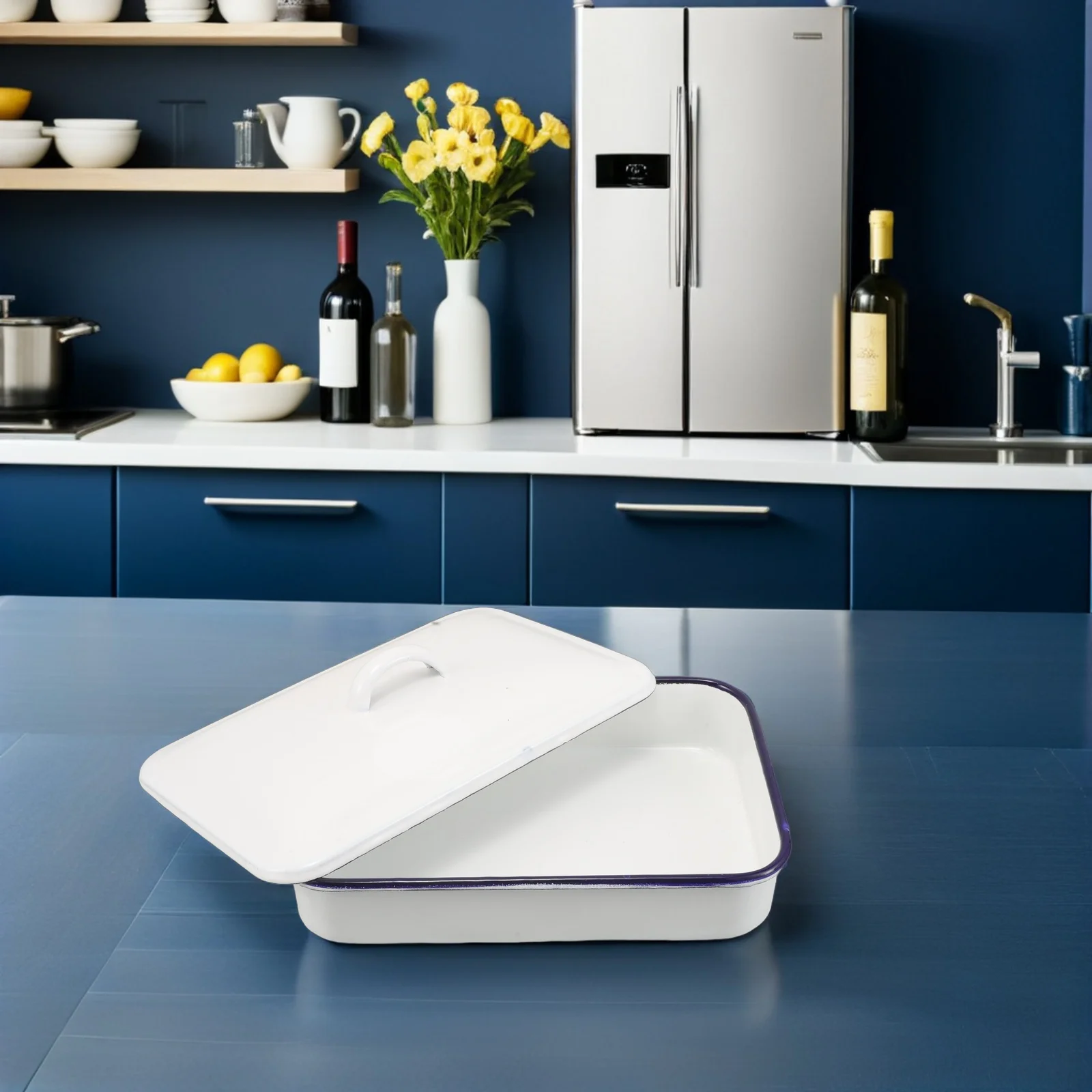 

Non-Stick Enamel Roasting Pan Lid Rectangular Dish Meat Vegetables Poultry Oven-Safe Grilling Baking Cookware Enamel Baking Dish