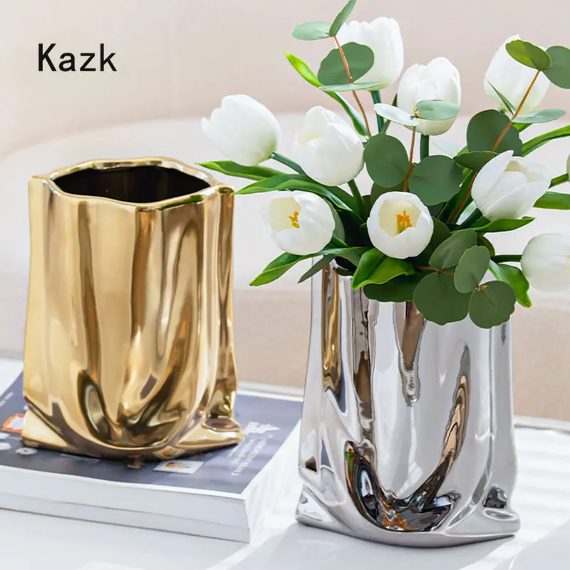 

Light Luxury Gold and Silver Ceramic Vase Creative Wrinkle Type Ikebana Vase Living Room Decoration Flower Arrangement Vases