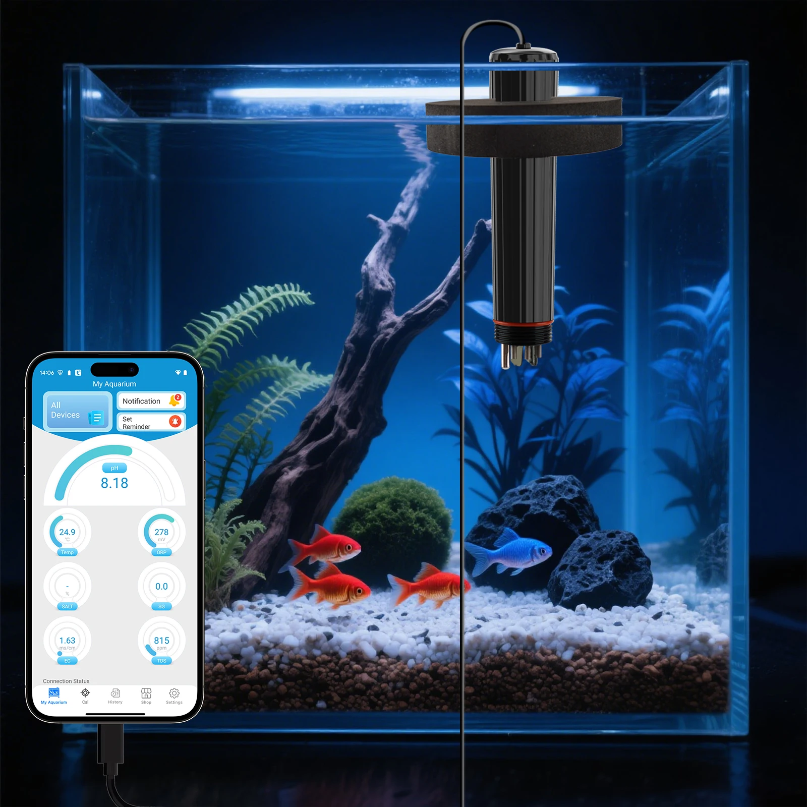 

Умный беспроводной измеритель качества воды 7-в-1, карманный тестер PH/ORP EC/TSD/SALT/SG/TEMP с водонепроницаемым корпусом из АБС-пластика для рыбного пруда