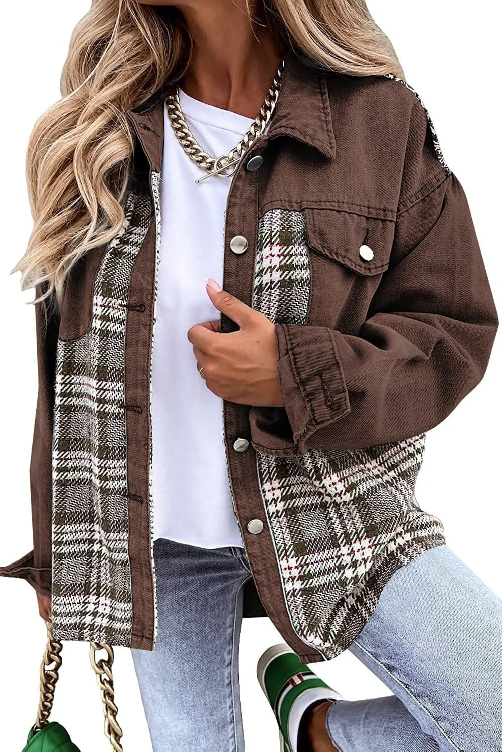 Autumn and Winter Long Sleeved Plaid Color Block Shaking Button Shirt Collar Denim Jacket for Women