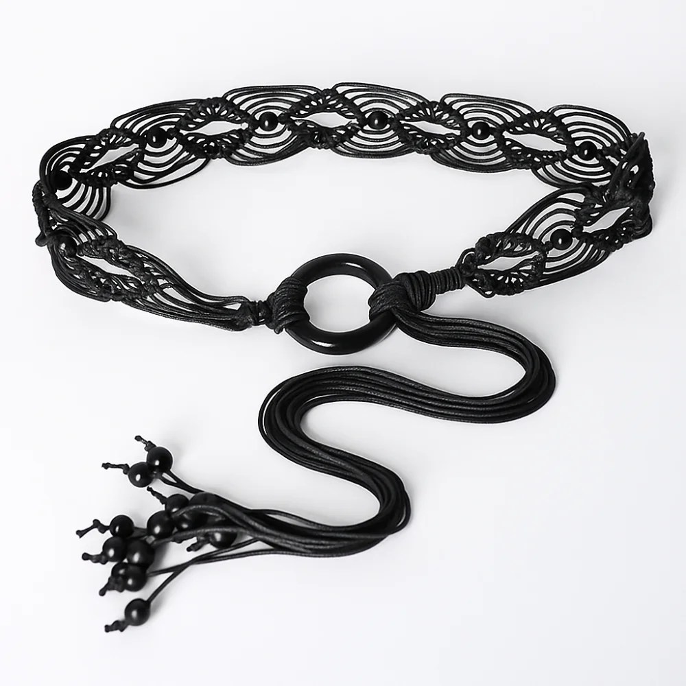 Retro Beads Braided Women's Belt Bohemia Style Adjustable Dress Slim Waistband Wide Waist Knotted Tassels Waist Belts