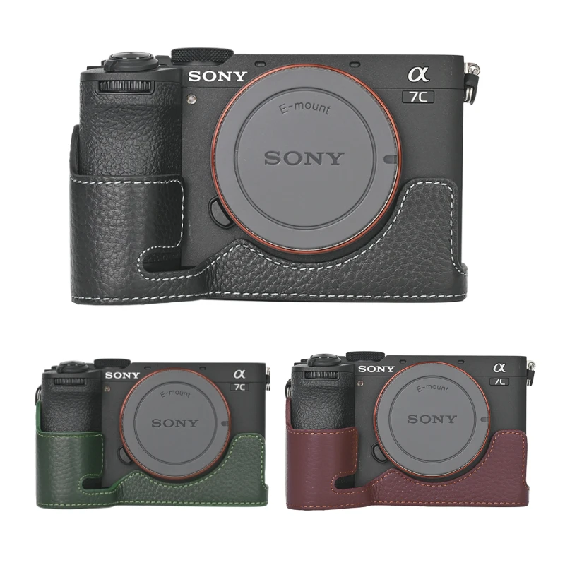 A7C2 Litchi Pattern Genuine PU Leather Half Protector Case Grip for Sony A7CII A7CM2 A7C Mark II Camera Bag