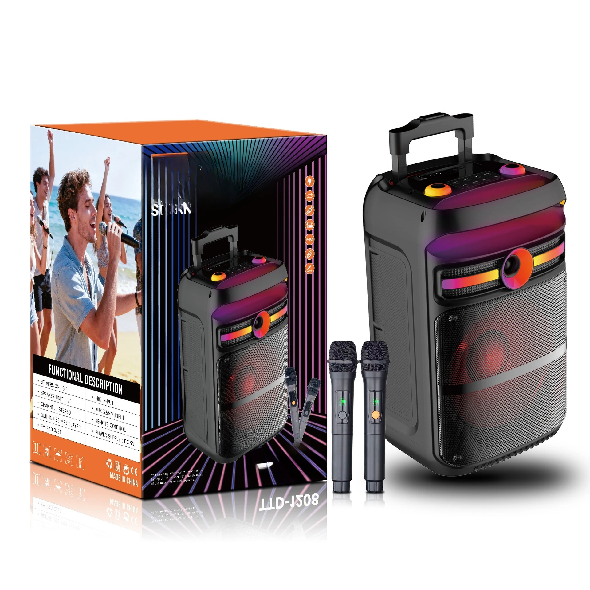 

12-Inch outdoor speaker tie rod bluetooth speaker 2 wireless microphones high power 7.4v40w audio with colorful lights