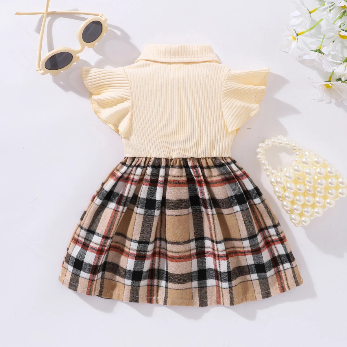 3-24M Summer Newborn Baby Girl Princess Dress Plaid Skirt Stripe Flip Collar Flying Edge Sleeves Fashion Baby Girl Clothes