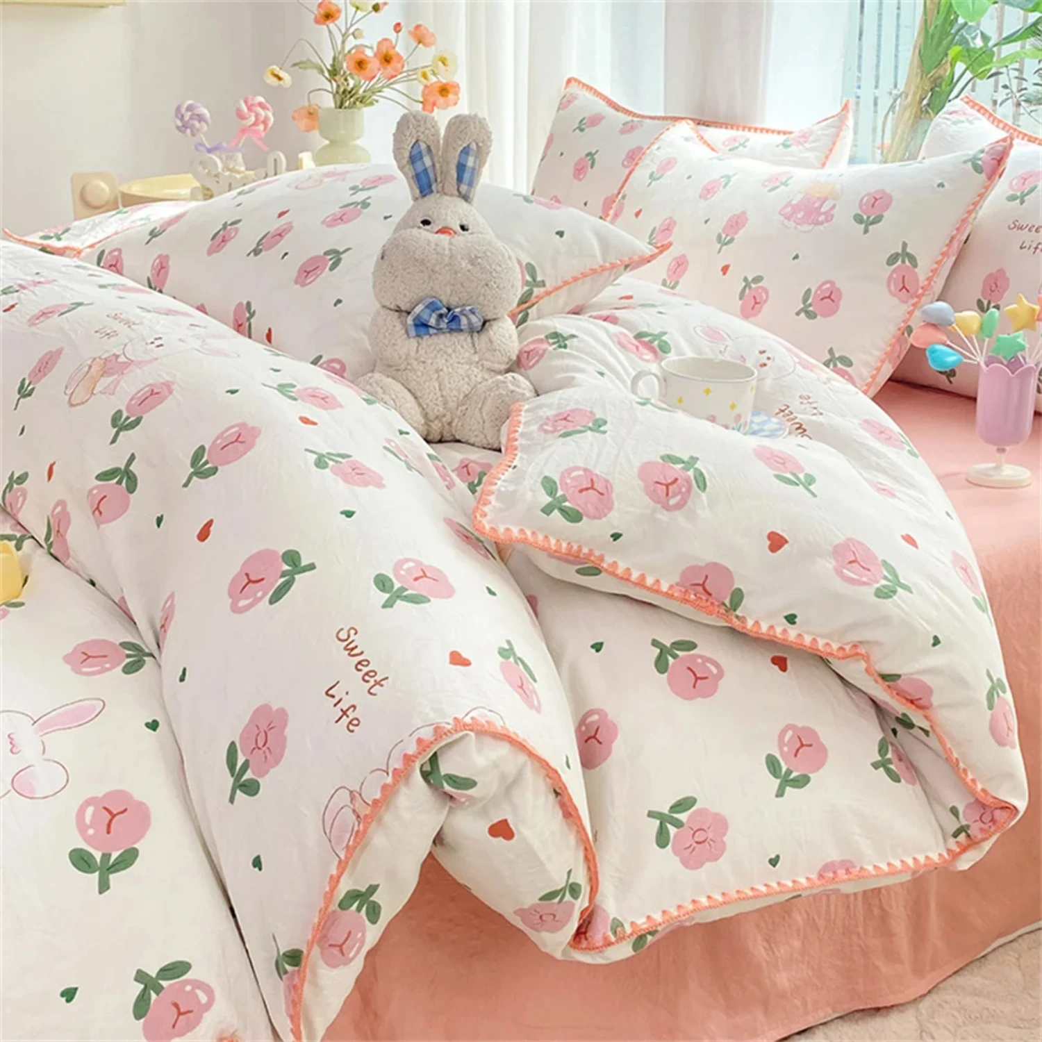 

Ins Pink Flowers Rabbit Comforter Bedding Set Soft Washed Cotton Bed Sheet Girls Quilt Cover Pillowcase Bed Linens