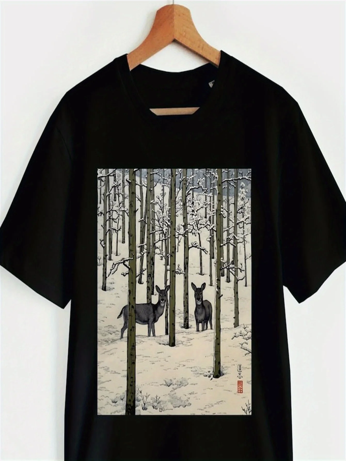 Camiseta japonesa con diseño de ciervo en Nara para hombre, estampado artístico vintage Ukiyo-e, cuello redondo, manga corta, corte regular, camiseta informal para todas las estaciones