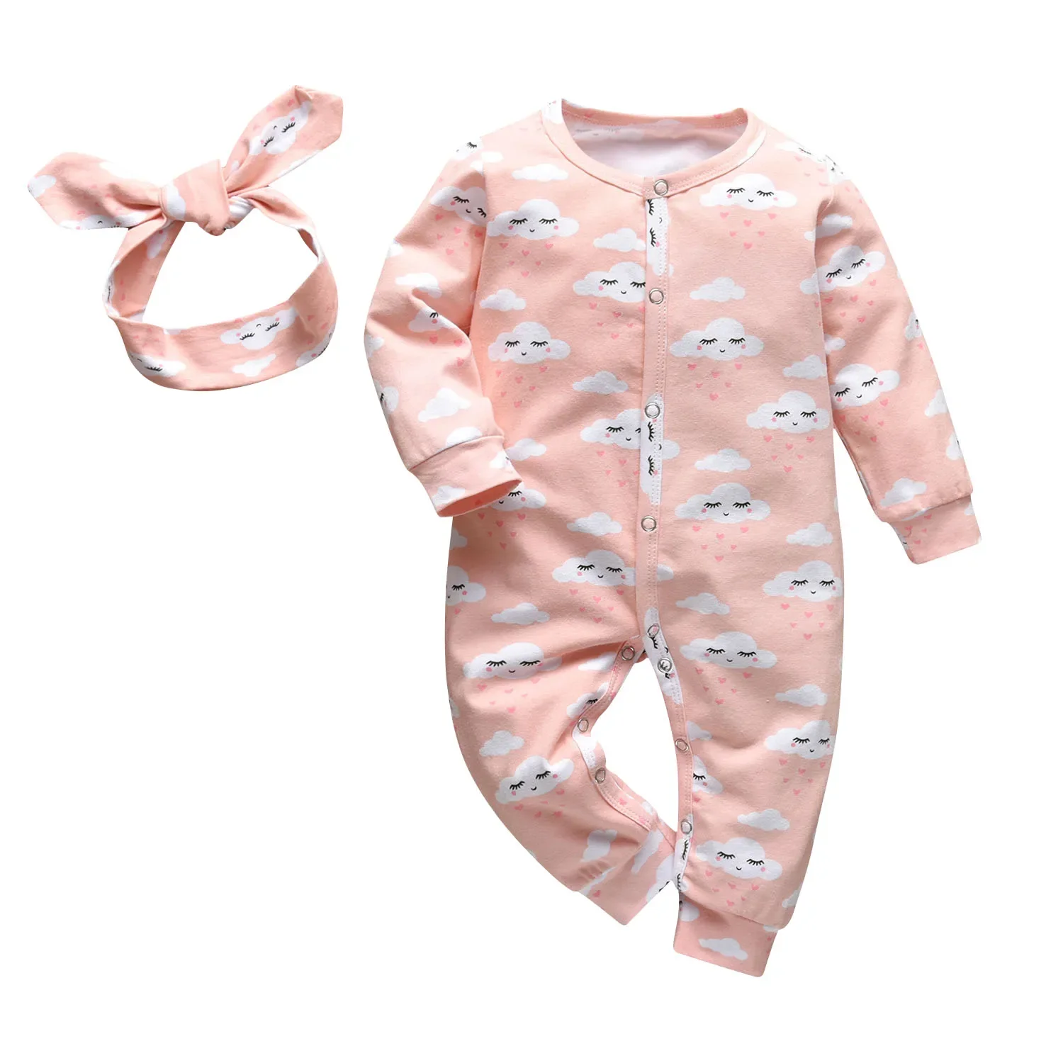 Spring Autumn New Toddler Baby Girl Snap Romper Clothes Cotton infants Girl Long Sleeve Jumpsuit with Headband Newborn Clothing