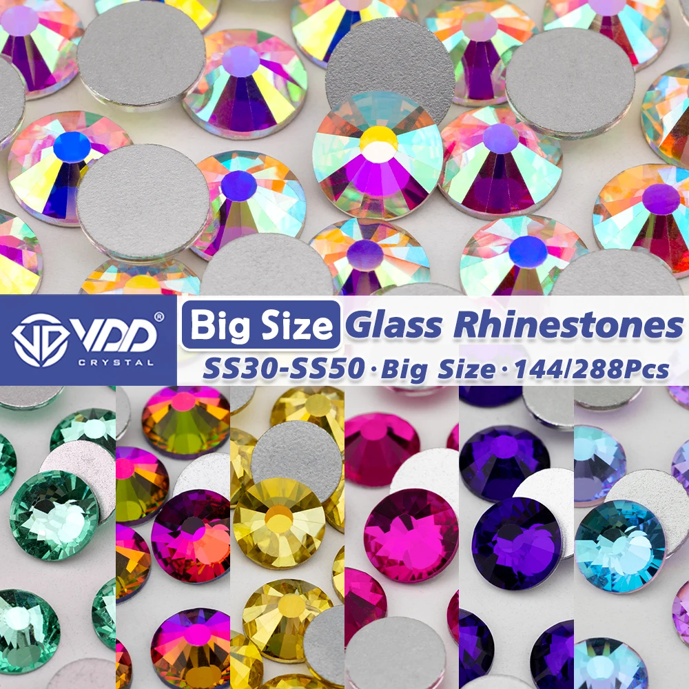 Strass de vidro de alta qualidade com 16 facetas, tamanho grande VDD SS34-SS50, cristais com base plana para artesanato DIY e decoração de unhas.