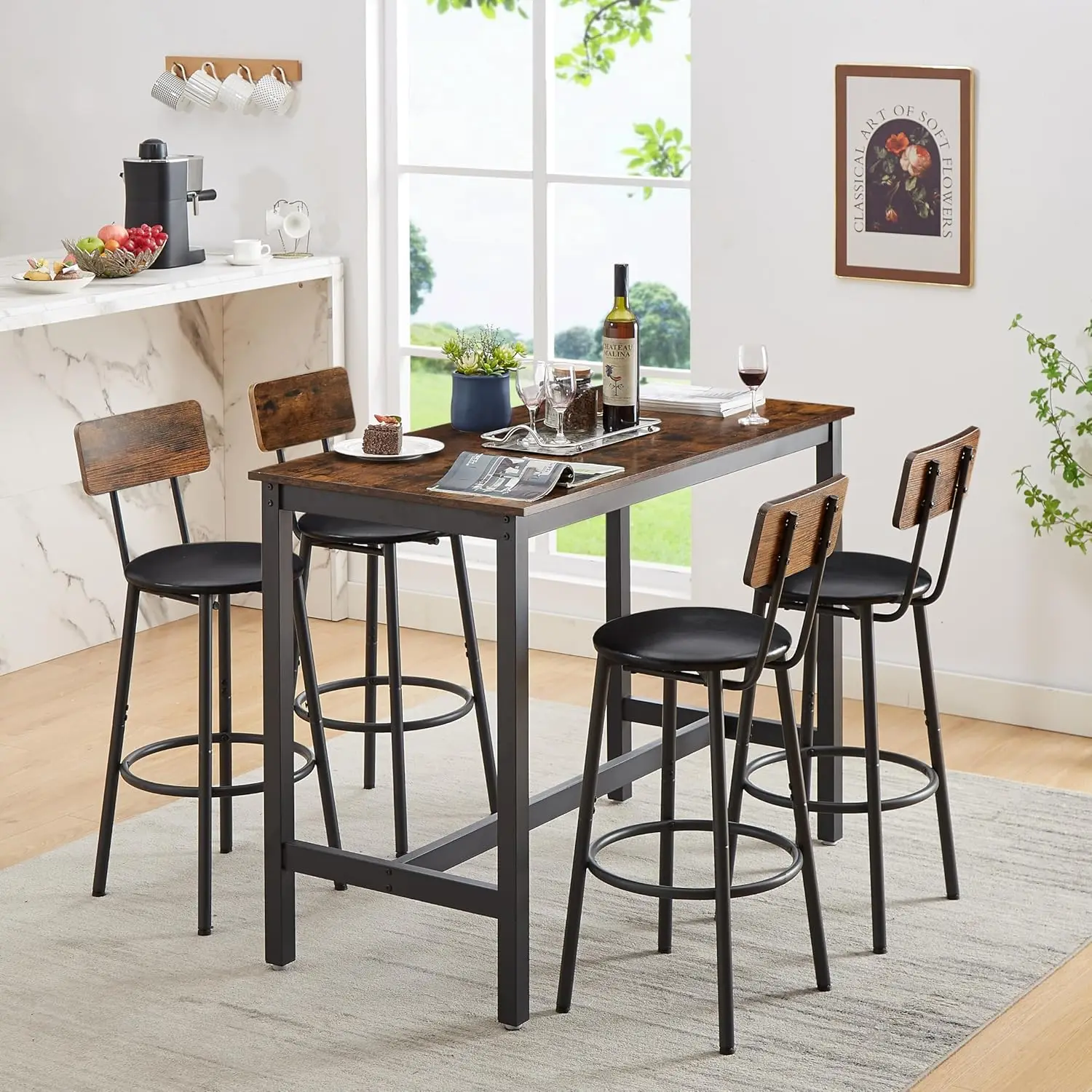 5 Piece Dining Table Chair Set, Industrial Bar Counter Height Table and 2 PU Upholstered High Stools with Backrest