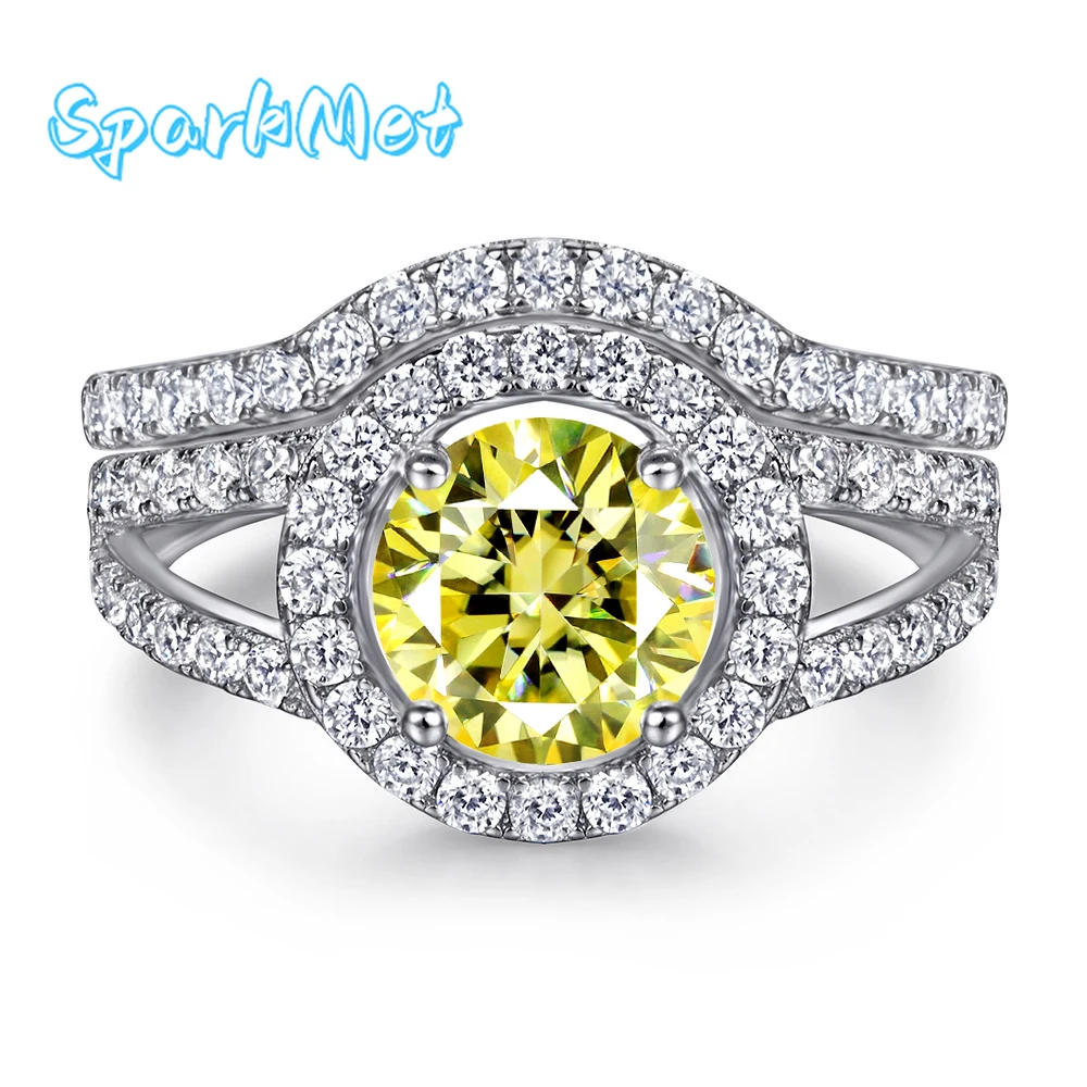 

SparkMet 100% True Yellow Moissanite Two Rings Band 2ct with Certificate Passed Diamond Test Women's Jewelry Gift S925 Silver