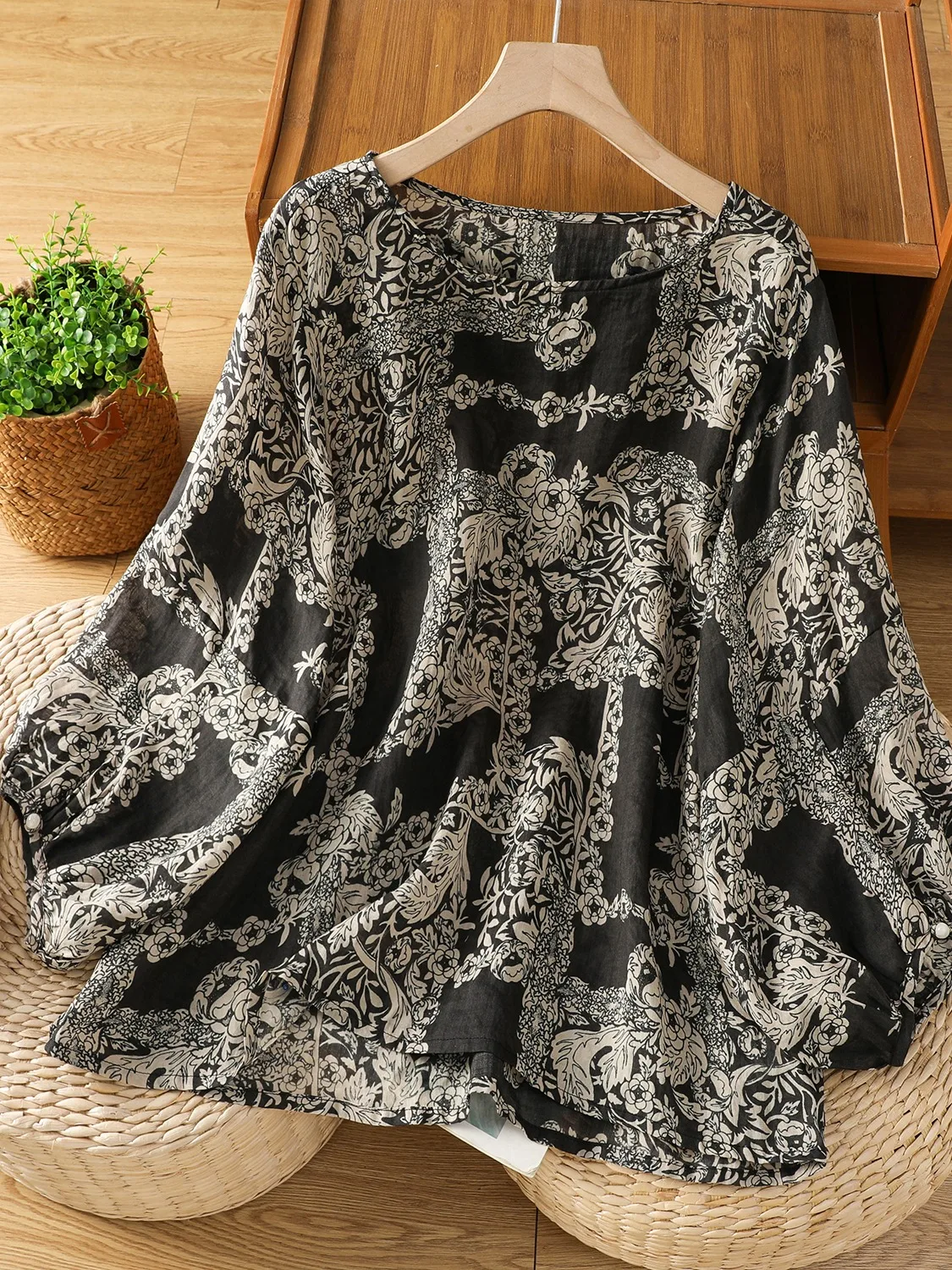 

Длинный круглый пуловер из хлопка и льна в стиле ретро, утягивающий пот для женщин, удобный топ для мам, осенняя одежда свободного кроя