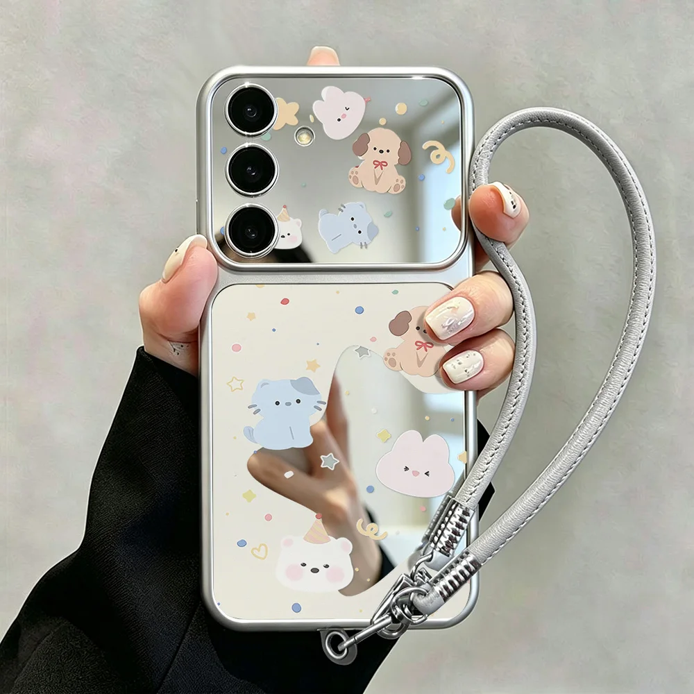 Cute Animals Mirror Phone Case For Samsung A57 A37 A56 5G A55 A54 A53 A36 A26 A17 A16 S26 Ultra S25 S24 S23 With Lanyard Cover