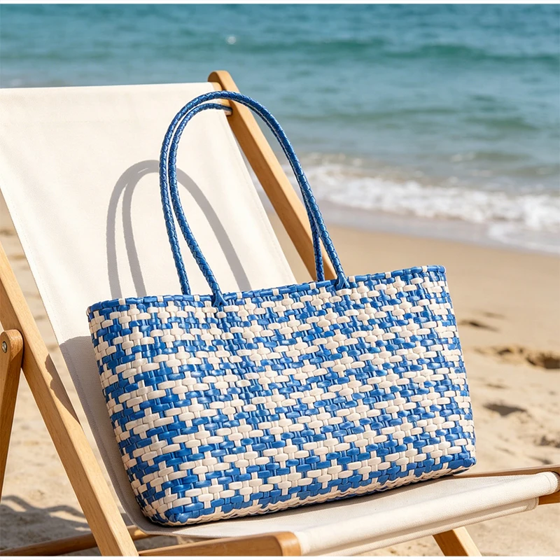 Gewebte Kunststoff-Gemüsekorb-Umhängetasche, vielseitige Damen-Handtasche im Lazy-Style, leichte Strand- und Einkaufstasche für den Urlaub – Detail 10