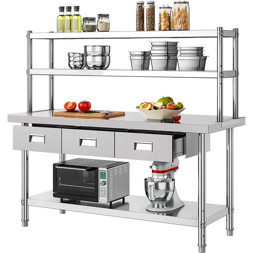 

Рабочий стол из нержавеющей стали 60 x 24 фута с верхними полками и ящиками, идеально подходит для коммерческих кухонь, дома, гаража и склада