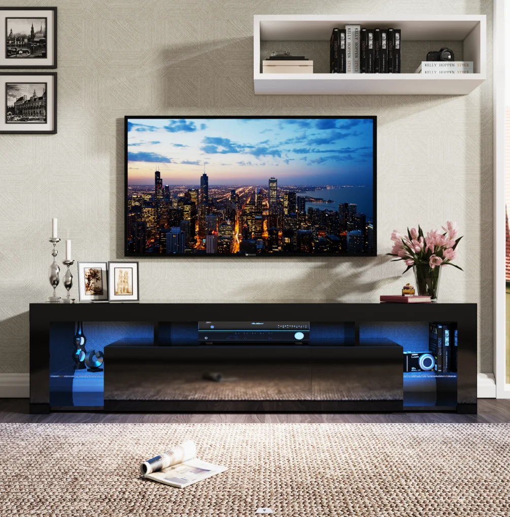 63" Floating TV Stand for 60" TV, LED TV Cabinet w/Power Outlets, Storage and Shelf, Gloss Media Console Table 5