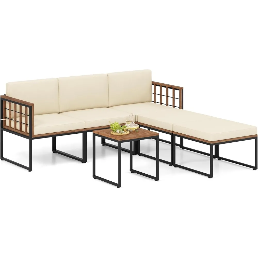 Pieces Acacia Wood Furniture Set,  Outdoor Sectional Conversation Sofa Set with Cushions, Coffee Table and Ottomans