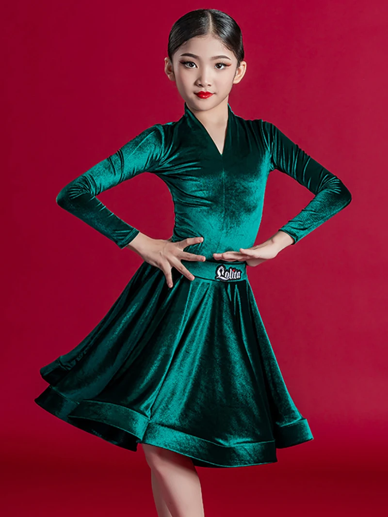 Velvet Lolita Children Professional Latin Dance Dress Kids Girl V-Neck Bodysuit Skirt Suit Ballroom Dancing Rumba Chacha Costume