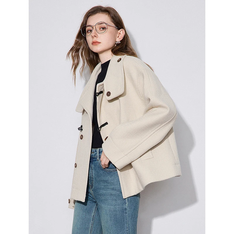 TOYOUTH Women Woolen Coat 2024 Autumn and Winter New Short Style Woven Stand Collar Cow Horn Button Jacket Coat