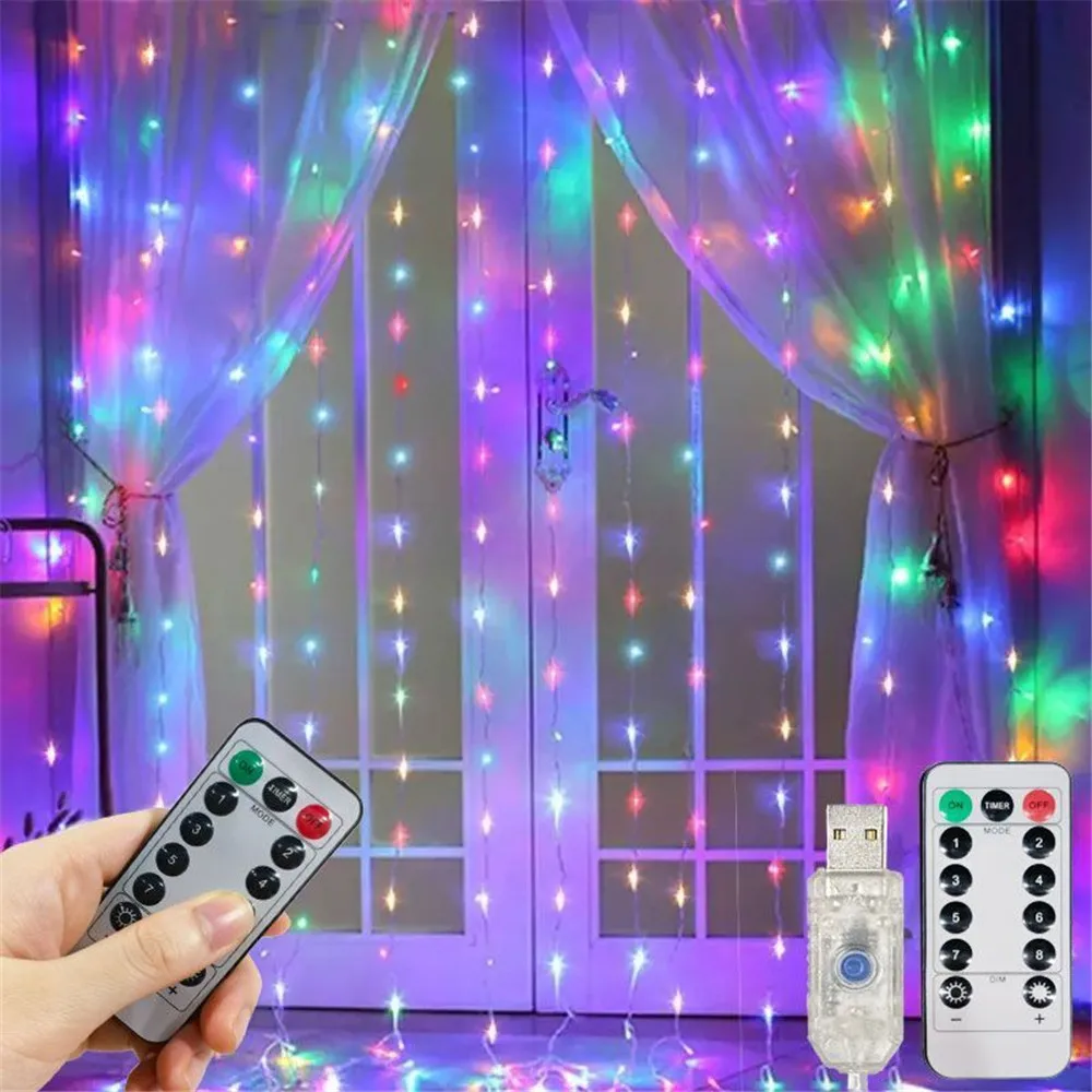 8 Mode LED Curtain String Lights  USB with Remote Fairy Holiday Garland Lamp for Christmas Party Wedding Room Garden Decoration