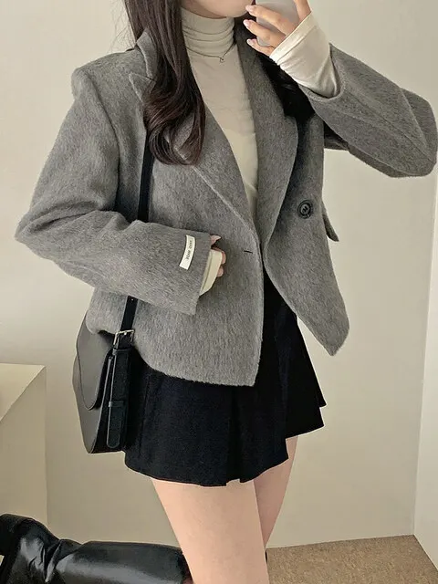 Długi płaszcz wełniany z szerokimi klapami, luźny krój, retro, elegancki, modny, damski płaszcz na zimę, idealny do pracy.